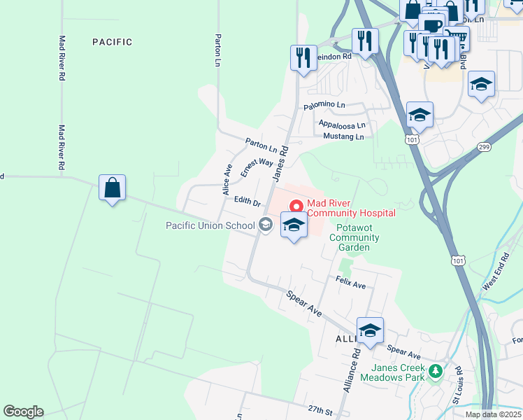 map of restaurants, bars, coffee shops, grocery stores, and more near 3076 Janes Road in Arcata
