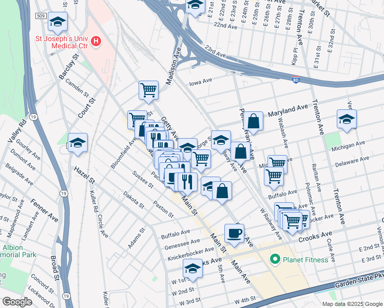 map of restaurants, bars, coffee shops, grocery stores, and more near 323 Getty Avenue in Paterson