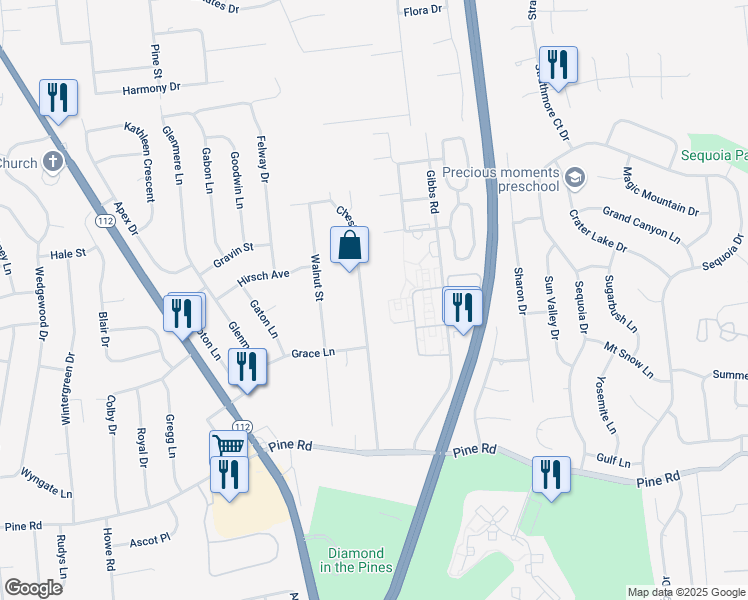 map of restaurants, bars, coffee shops, grocery stores, and more near 35 Chestnut Street in Coram
