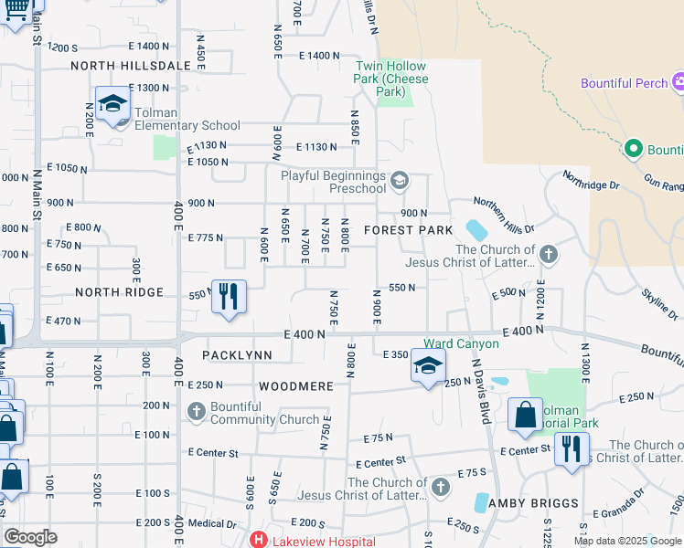 map of restaurants, bars, coffee shops, grocery stores, and more near 515 900 North in Bountiful