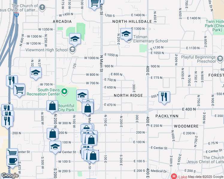 map of restaurants, bars, coffee shops, grocery stores, and more near 140 East 650 North in Bountiful