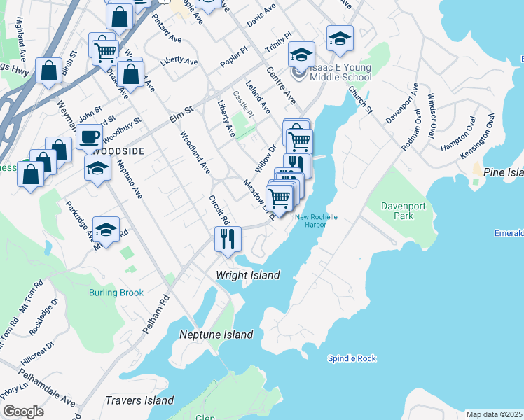 map of restaurants, bars, coffee shops, grocery stores, and more near 165 Meadow Lane in New Rochelle