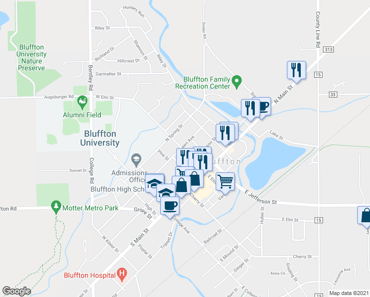 map of restaurants, bars, coffee shops, grocery stores, and more near 120 West Elm Street in Bluffton