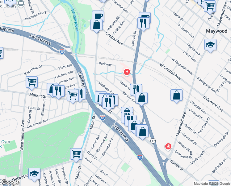 map of restaurants, bars, coffee shops, grocery stores, and more near 68 Madison Avenue in Rochelle Park