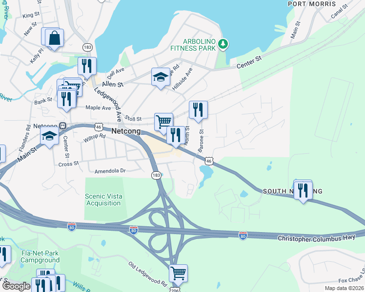 map of restaurants, bars, coffee shops, grocery stores, and more near 141 Ledgewood Avenue in Netcong