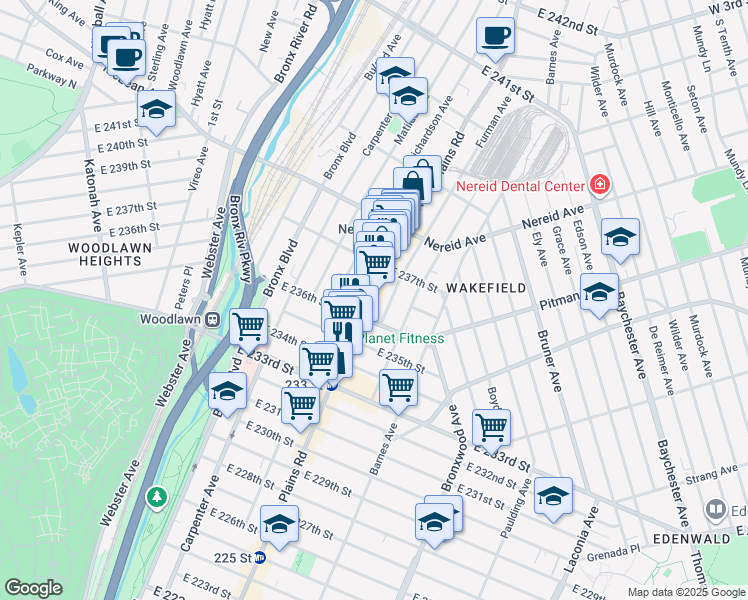 map of restaurants, bars, coffee shops, grocery stores, and more near 4332 White Plains Road in Bronx