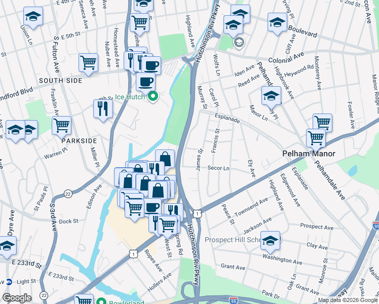 map of restaurants, bars, coffee shops, grocery stores, and more near 686 Timpson Street in Pelham Manor