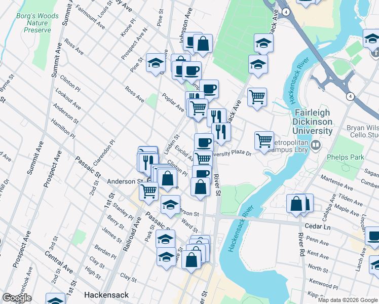 map of restaurants, bars, coffee shops, grocery stores, and more near 533 Main Street in Hackensack
