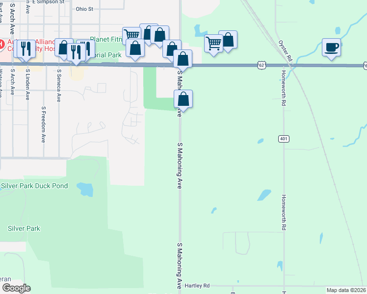 map of restaurants, bars, coffee shops, grocery stores, and more near 2615 South Mahoning Avenue in Alliance