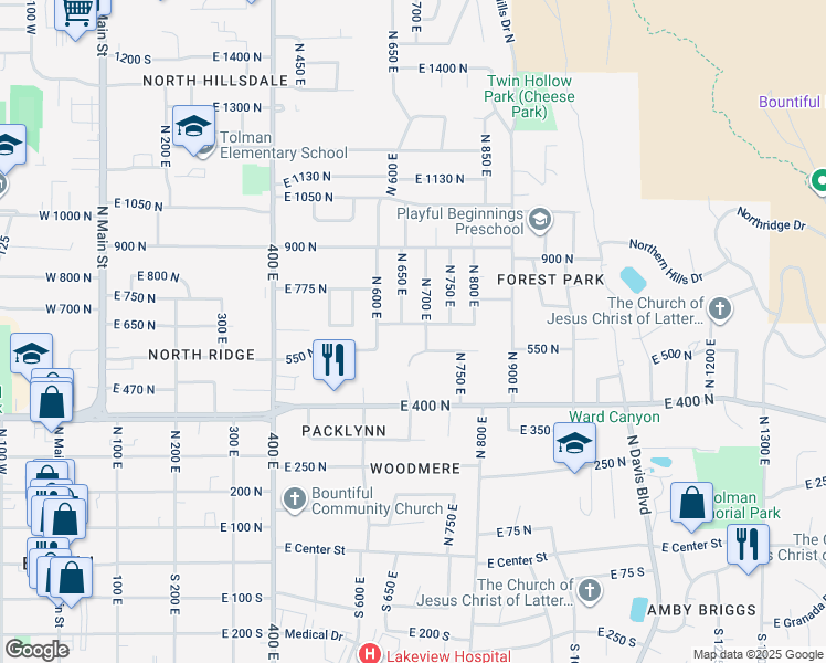 map of restaurants, bars, coffee shops, grocery stores, and more near 678 East 650 North in Bountiful