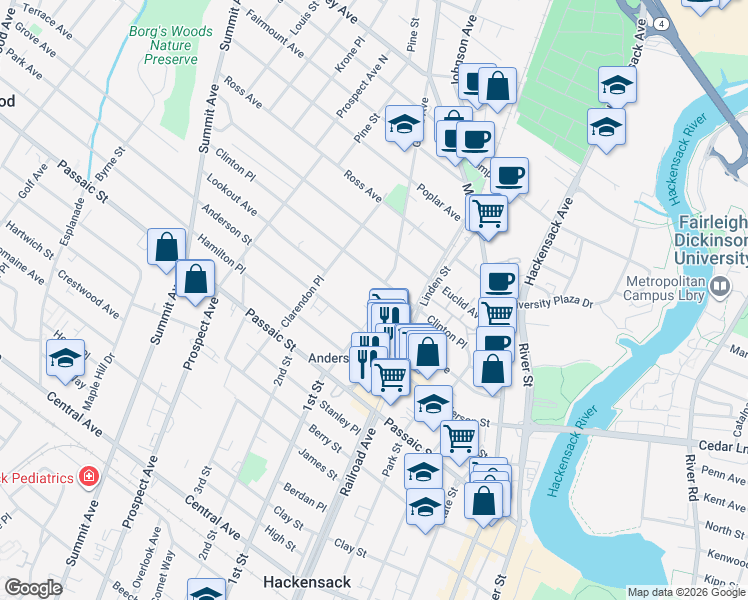 map of restaurants, bars, coffee shops, grocery stores, and more near 84 Vanderbeck Place in Hackensack