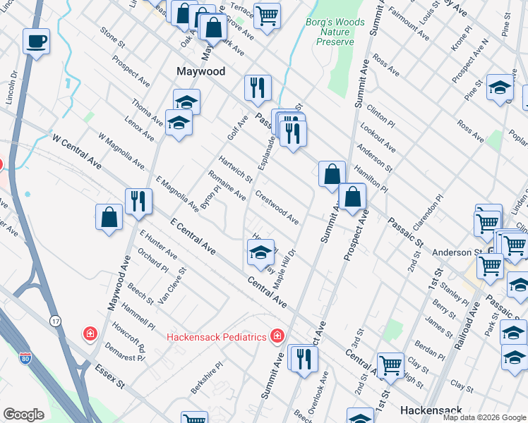 map of restaurants, bars, coffee shops, grocery stores, and more near 474 Blanchard Terrace in Hackensack