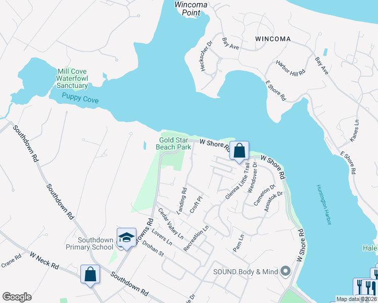 map of restaurants, bars, coffee shops, grocery stores, and more near 12 Landing Road in Huntington