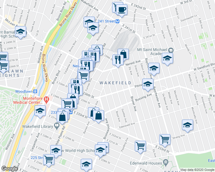 map of restaurants, bars, coffee shops, grocery stores, and more near 4341 Barnes Avenue in Bronx