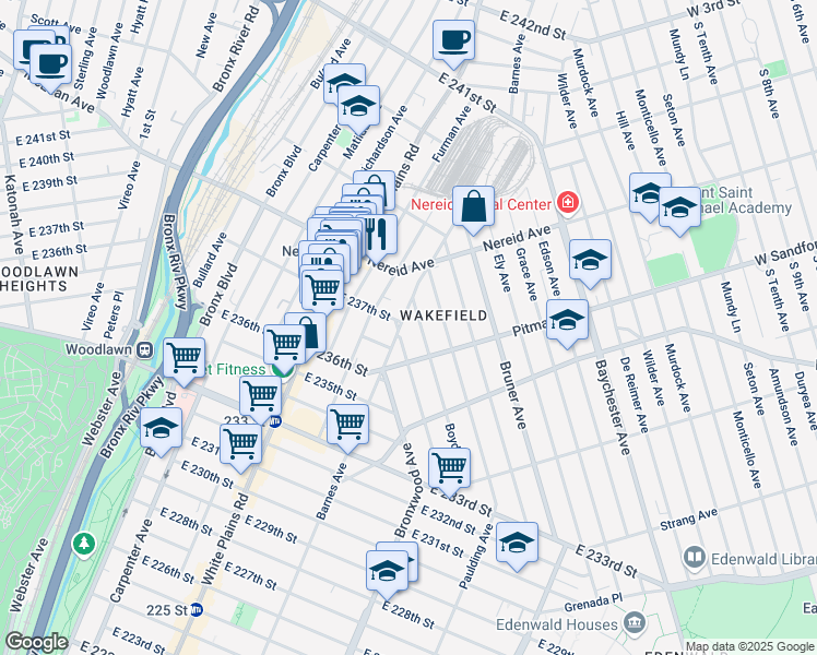 map of restaurants, bars, coffee shops, grocery stores, and more near 4341 Barnes Avenue in Bronx