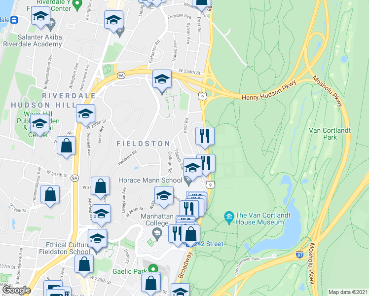 map of restaurants, bars, coffee shops, grocery stores, and more near 280 Fieldston Terrace in Bronx