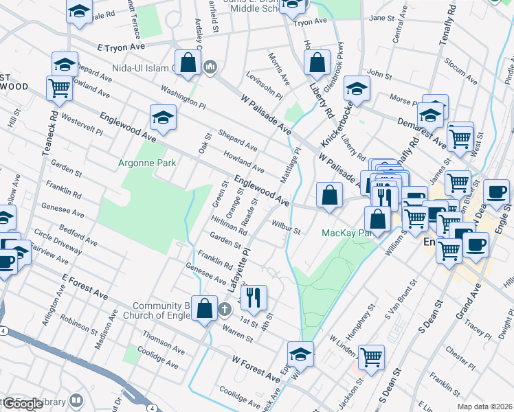map of restaurants, bars, coffee shops, grocery stores, and more near 120 Reade Street in Englewood