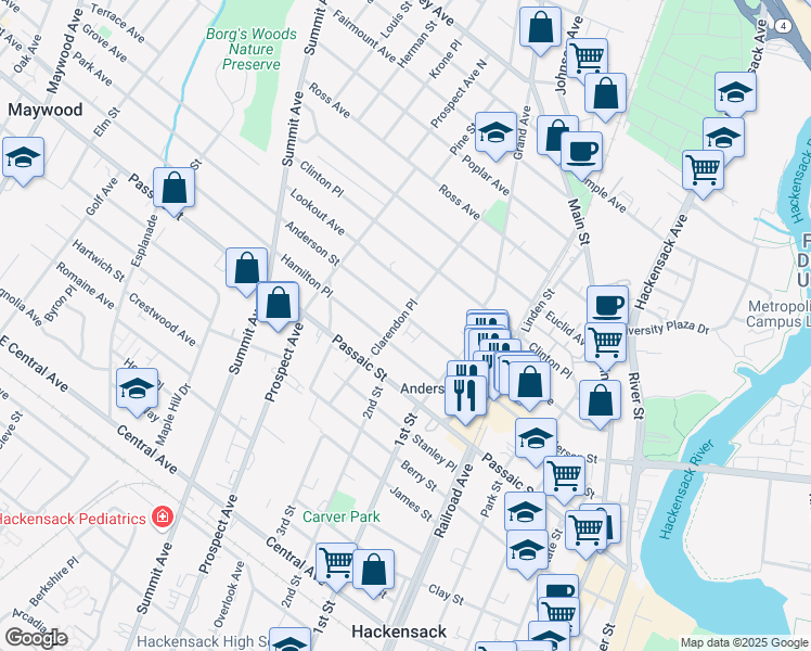 map of restaurants, bars, coffee shops, grocery stores, and more near 245 Anderson Street in Hackensack