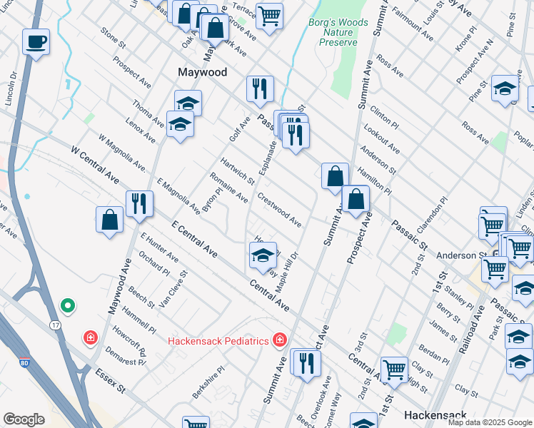 map of restaurants, bars, coffee shops, grocery stores, and more near 474 Blanchard Terrace in Hackensack