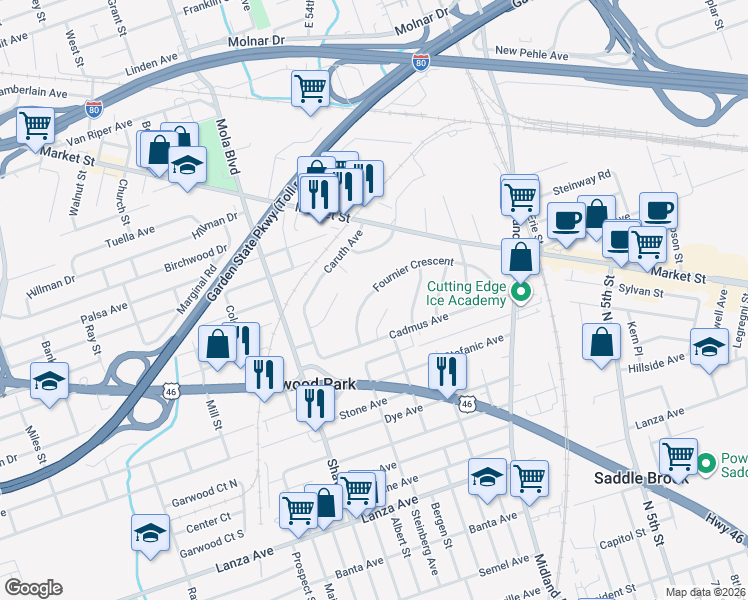 map of restaurants, bars, coffee shops, grocery stores, and more near 27 Fournier Crescent in Elmwood Park