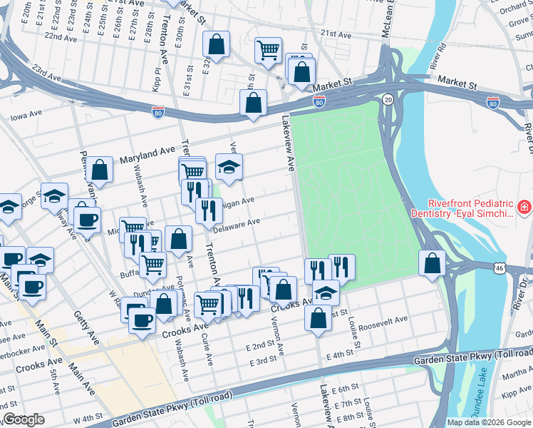 map of restaurants, bars, coffee shops, grocery stores, and more near 366 Delaware Avenue in Paterson