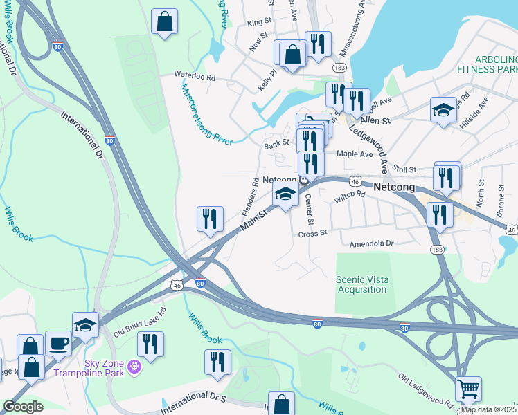 map of restaurants, bars, coffee shops, grocery stores, and more near 4-8 Flanders Road in Netcong