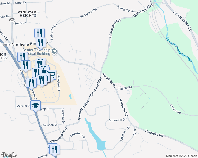 map of restaurants, bars, coffee shops, grocery stores, and more near 13 Meadow Brook Lane in Butler