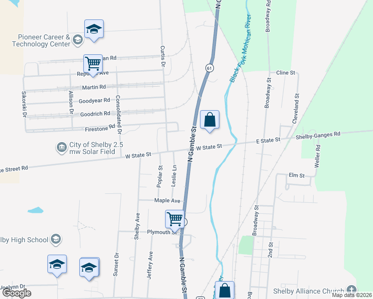 map of restaurants, bars, coffee shops, grocery stores, and more near 28 West State Street in Shelby