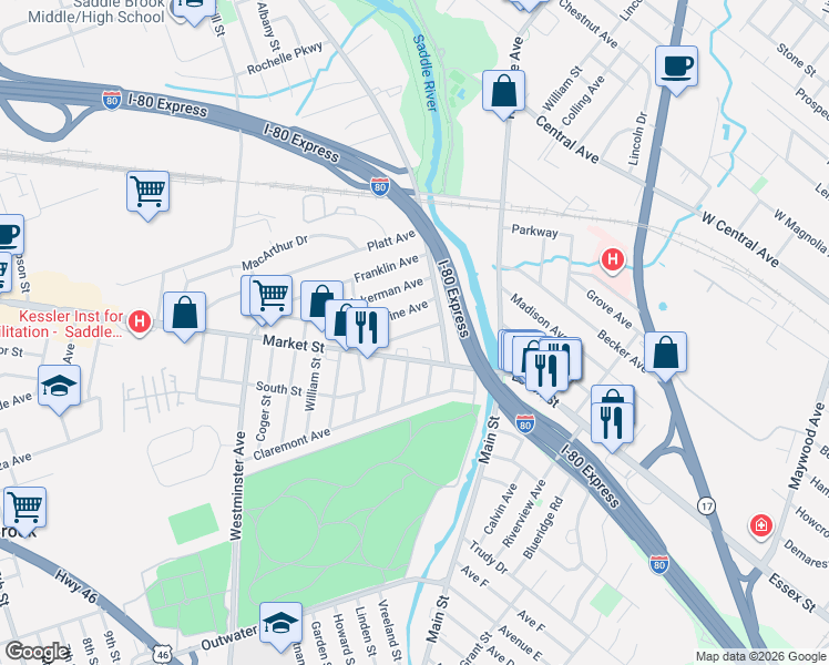 map of restaurants, bars, coffee shops, grocery stores, and more near 26 Harrison Avenue in Saddle Brook