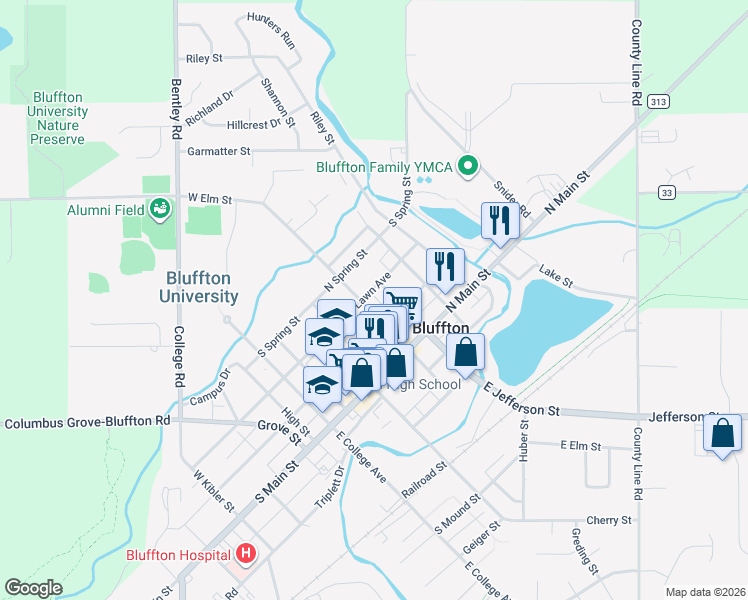 map of restaurants, bars, coffee shops, grocery stores, and more near 120 West Elm Street in Bluffton