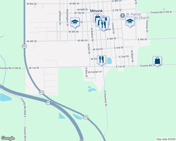 map of restaurants, bars, coffee shops, grocery stores, and more near 200-298 West Cedar Lane in Minonk