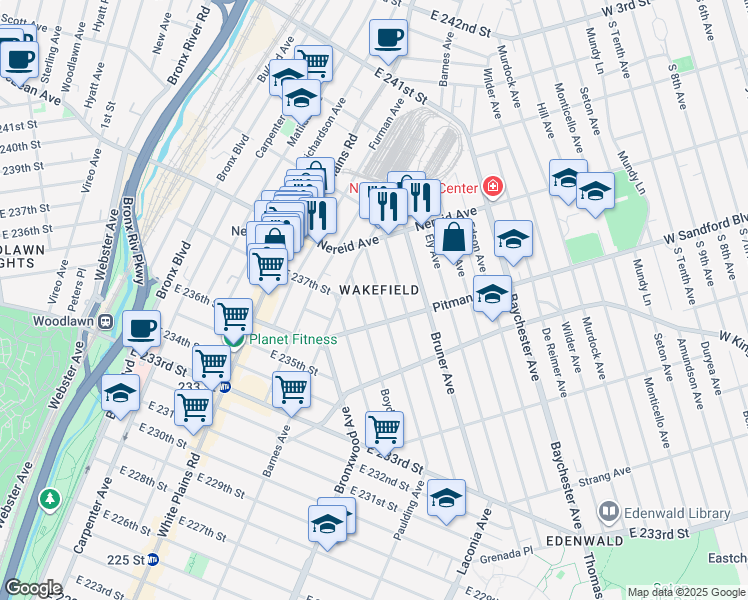 map of restaurants, bars, coffee shops, grocery stores, and more near in The Bronx
