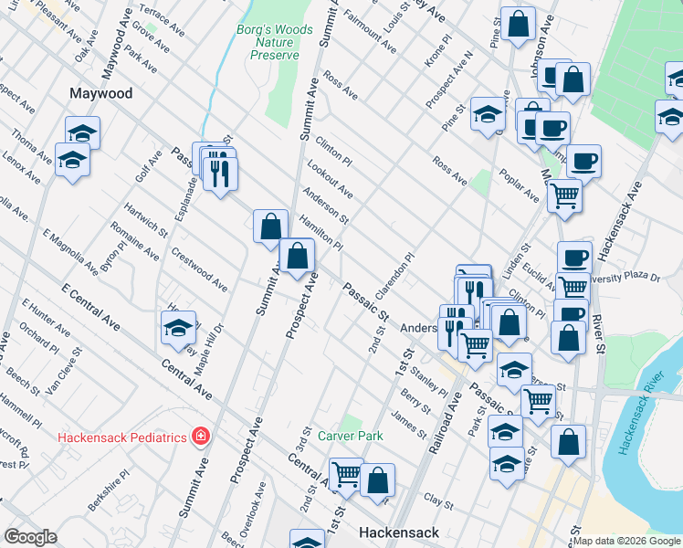 map of restaurants, bars, coffee shops, grocery stores, and more near 295 Passaic Street in Hackensack