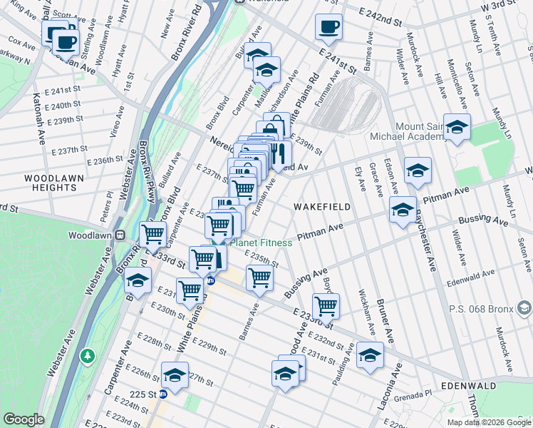 map of restaurants, bars, coffee shops, grocery stores, and more near 4329 Byron Avenue in Bronx