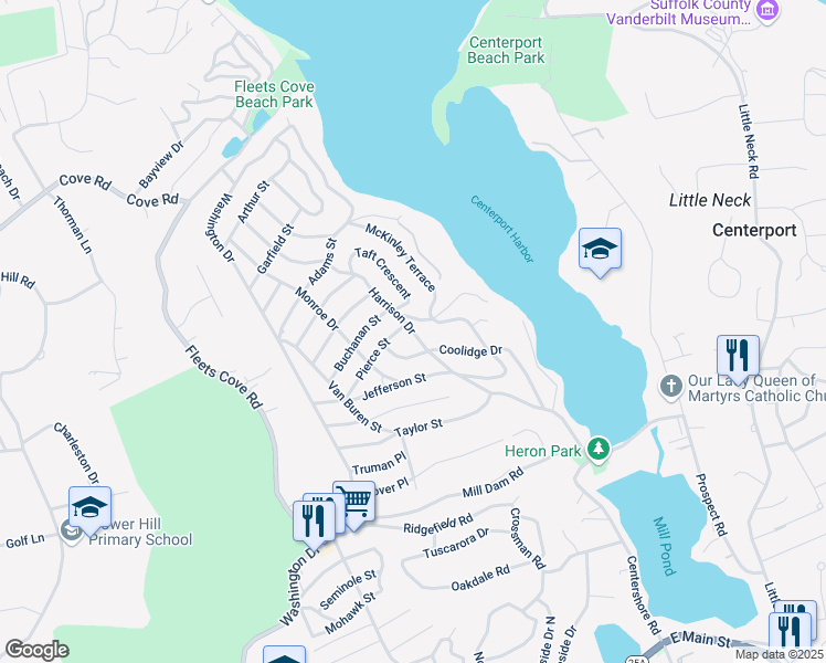 map of restaurants, bars, coffee shops, grocery stores, and more near Harrison Drive in Centerport