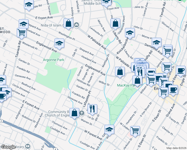 map of restaurants, bars, coffee shops, grocery stores, and more near 120 Reade Street in Englewood