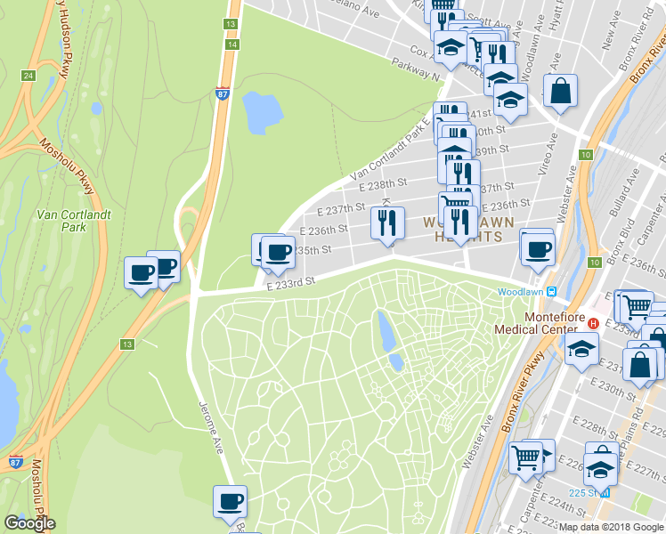 map of restaurants, bars, coffee shops, grocery stores, and more near 81 East 233rd Street in Bronx