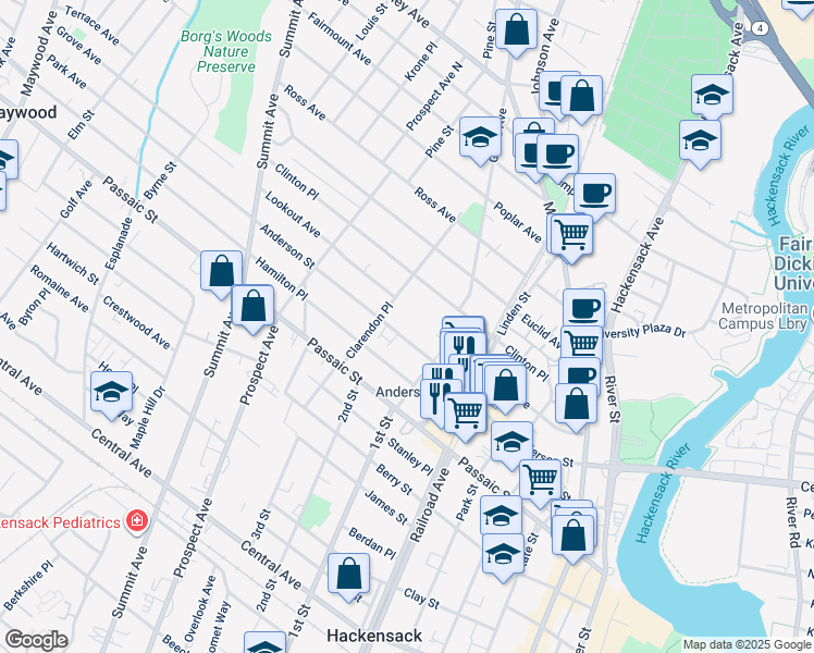 map of restaurants, bars, coffee shops, grocery stores, and more near 230 Anderson Street in Hackensack