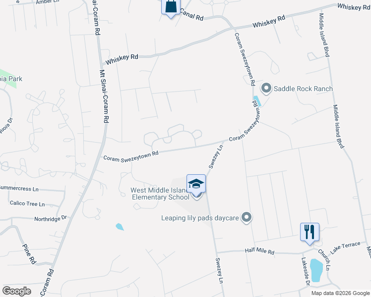 map of restaurants, bars, coffee shops, grocery stores, and more near Coram Swezeytown Road in Middle Island