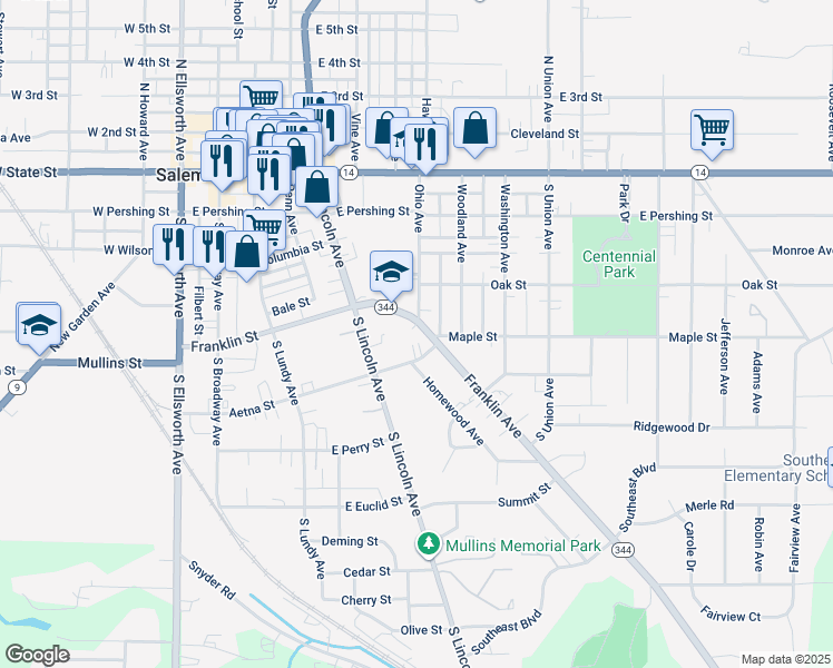 map of restaurants, bars, coffee shops, grocery stores, and more near 697 Franklin Avenue in Salem