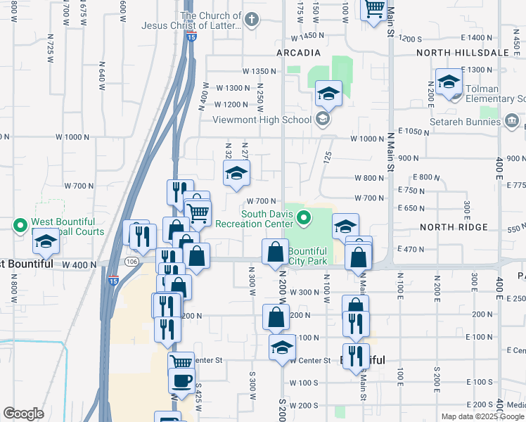 map of restaurants, bars, coffee shops, grocery stores, and more near 571 North 200 West in Bountiful