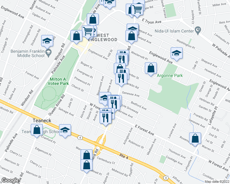 map of restaurants, bars, coffee shops, grocery stores, and more near in Teaneck