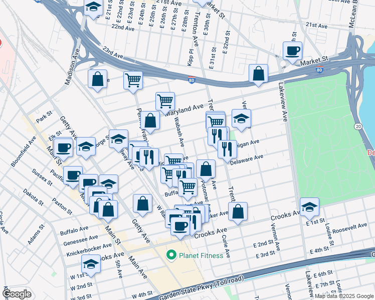 map of restaurants, bars, coffee shops, grocery stores, and more near 209 Michigan Avenue in Paterson
