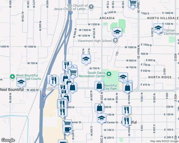 map of restaurants, bars, coffee shops, grocery stores, and more near 340 West 650 North in Bountiful