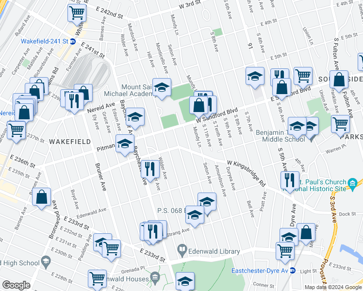 map of restaurants, bars, coffee shops, grocery stores, and more near 2103 Bussing Avenue in The Bronx