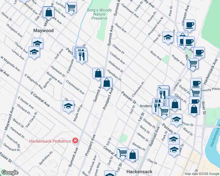 map of restaurants, bars, coffee shops, grocery stores, and more near 405 Prospect Avenue in Hackensack