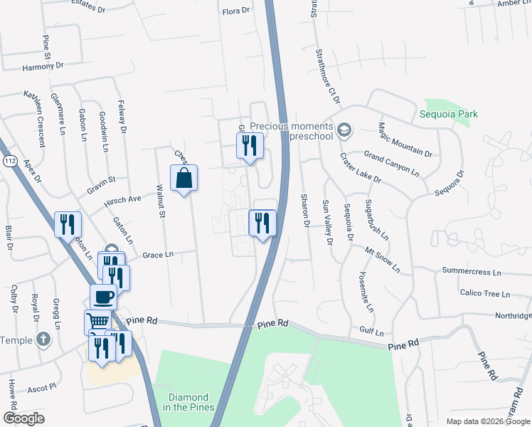 map of restaurants, bars, coffee shops, grocery stores, and more near 3535 Gibbs Road in Coram