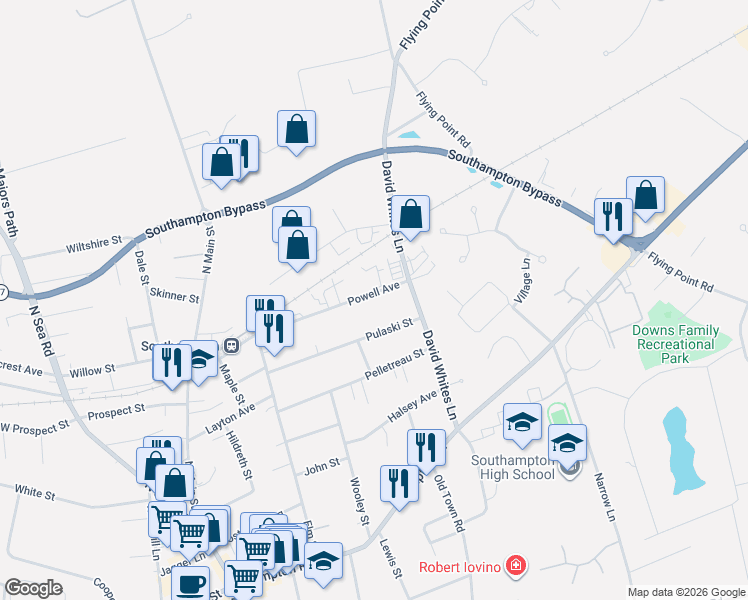 map of restaurants, bars, coffee shops, grocery stores, and more near 138 Powell Avenue in Southampton