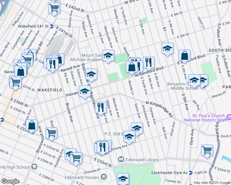 map of restaurants, bars, coffee shops, grocery stores, and more near 4201 Murdock Avenue in Bronx