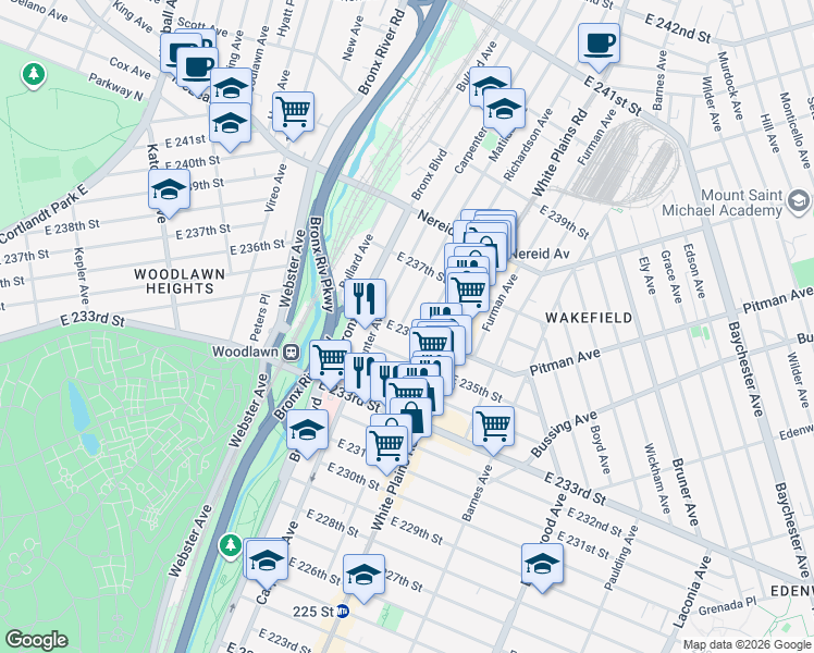 map of restaurants, bars, coffee shops, grocery stores, and more near 632 East 236th Street in The Bronx